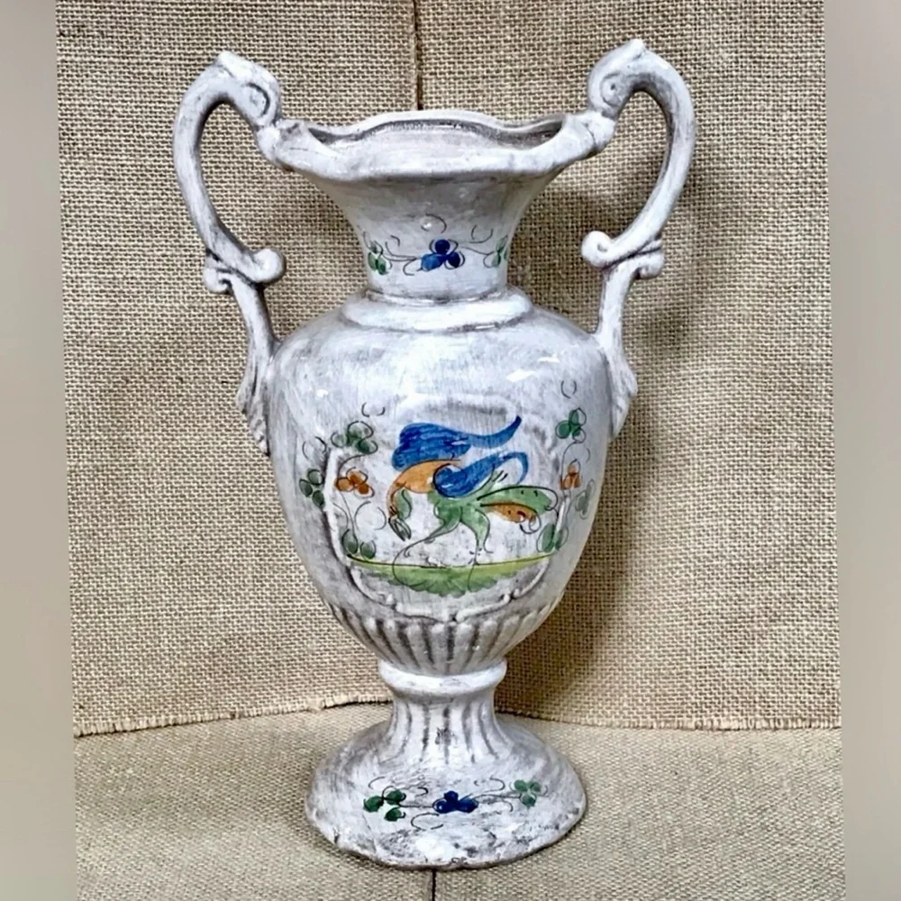 French Bird Mantle Vase w Handles Art Pottery Hand Painted Elegant Cottage Core - Picture 3 of 8